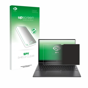Parte frontal de un envase de producto con el logotipo de la marca upscreen. Al lado se muestra el dispositivo HP Envy x360 (1