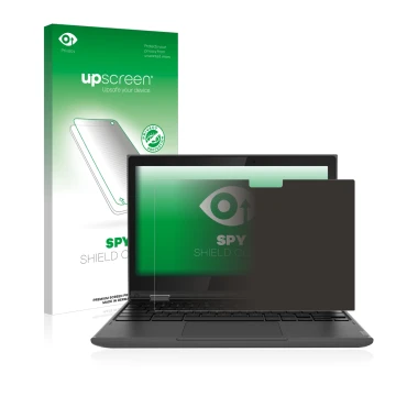 Parte frontal de un envase de producto con el logotipo de la marca upscreen. Al lado se muestra el dispositivo Lenovo 300e (2d