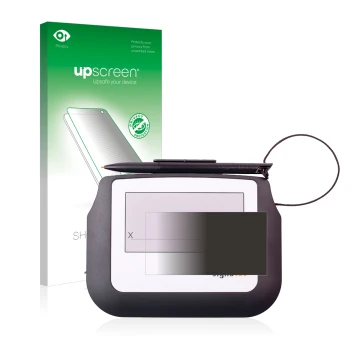 Parte frontal de un envase de producto con el logotipo de la marca upscreen. Al lado se muestra el dispositivo Signotec Signat