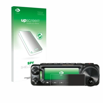 Parte frontal de un envase de producto con el logotipo de la marca upscreen. Al lado se muestra el dispositivo Yaesu FT-891 co