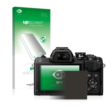 Parte frontal de un envase de producto con el logotipo de la marca upscreen. Al lado se muestra el dispositivo Olympus OM-D E-