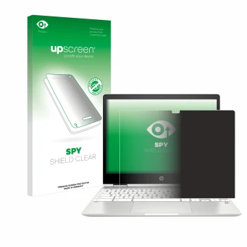 Parte frontal de un envase de producto con el logotipo de la marca upscreen. Al lado se muestra el dispositivo HP Chromebook x