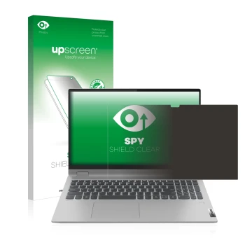 Parte frontal de un envase de producto con el logotipo de la marca upscreen. Al lado se muestra el dispositivo Lenovo IdeaPad 