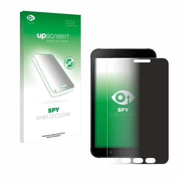 Parte frontal de un envase de producto con el logotipo de la marca upscreen. Al lado se muestra el dispositivo Samsung Galaxy 