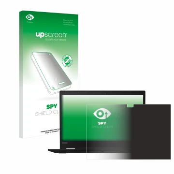 Parte frontal de un envase de producto con el logotipo de la marca upscreen. Al lado se muestra el dispositivo Lenovo ThinkPad