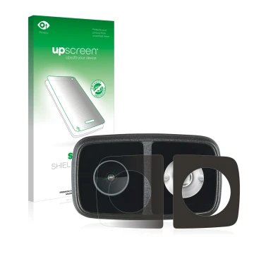 Parte frontal de un envase de producto con el logotipo de la marca upscreen. Al lado se muestra el dispositivo Cycliq Fly12 CE