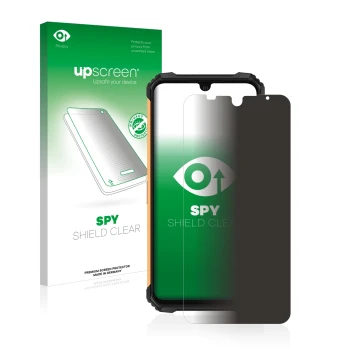Parte frontal de un envase de producto con el logotipo de la marca upscreen. Al lado se muestra el dispositivo Ulefone Armor 8