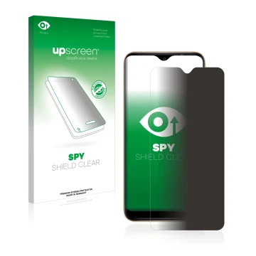 Parte frontal de un envase de producto con el logotipo de la marca upscreen. Al lado se muestra el dispositivo Wiko Y81 con su