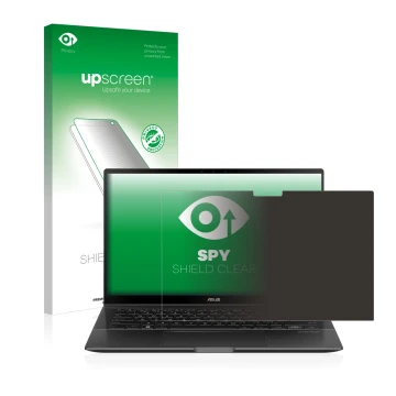 Parte frontal de un envase de producto con el logotipo de la marca upscreen. Al lado se muestra el dispositivo ASUS ZenBook Fl