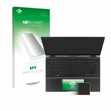 Parte frontal de un envase de producto con el logotipo de la marca upscreen. Al lado se muestra el dispositivo ASUS ZenBook Fl