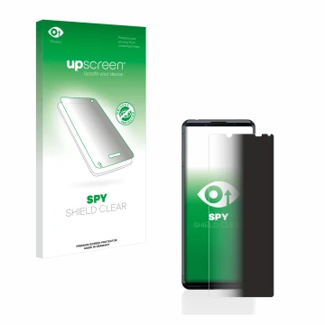 Parte frontal de un envase de producto con el logotipo de la marca upscreen. Al lado se muestra el dispositivo Sony Xperia 5 I