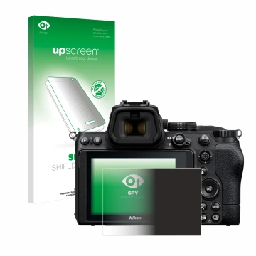 Parte frontal de un envase de producto con el logotipo de la marca upscreen. Al lado se muestra el dispositivo Nikon Z 5 con s