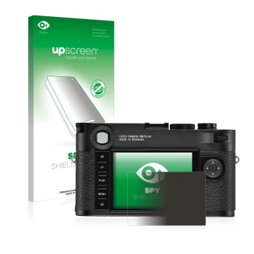 Parte frontal de un envase de producto con el logotipo de la marca upscreen. Al lado se muestra el dispositivo Leica M10-R con