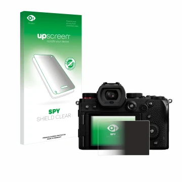 Parte frontal de un envase de producto con el logotipo de la marca upscreen. Al lado se muestra el dispositivo Panasonic Lumix