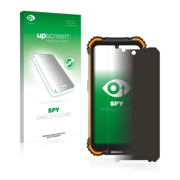 Parte frontal de un envase de producto con el logotipo de la marca upscreen. Al lado se muestra el dispositivo Doogee S58 Pro 