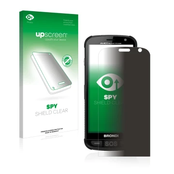 Parte frontal de un envase de producto con el logotipo de la marca upscreen. Al lado se muestra el dispositivo Brondi Amico co