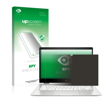 Parte frontal de un envase de producto con el logotipo de la marca upscreen. Al lado se muestra el dispositivo HP Chromebook x