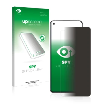 Parte frontal de un envase de producto con el logotipo de la marca upscreen. Al lado se muestra el dispositivo OnePlus 8T con 
