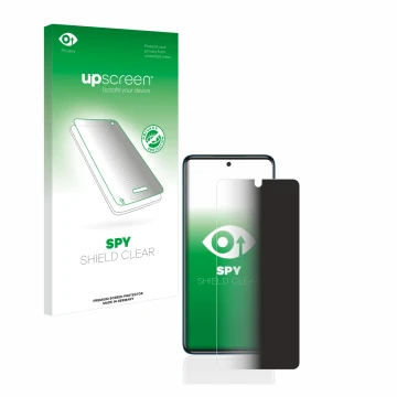 Parte frontal de un envase de producto con el logotipo de la marca upscreen. Al lado se muestra el dispositivo Xiaomi Poco X3 
