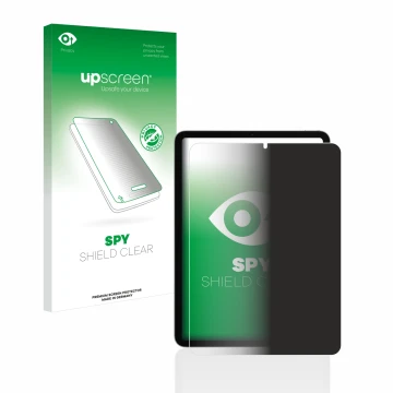 Parte frontal de un envase de producto con el logotipo de la marca upscreen. Al lado se muestra el dispositivo Apple iPad Air 