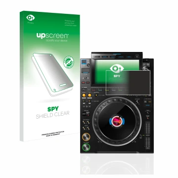 Parte frontal de un envase de producto con el logotipo de la marca upscreen. Al lado se muestra el dispositivo Pioneer CDJ 300