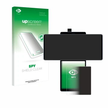 Parte frontal de un envase de producto con el logotipo de la marca upscreen. Al lado se muestra el dispositivo LG Wing (Pantal