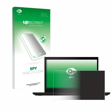 Parte frontal de un envase de producto con el logotipo de la marca upscreen. Al lado se muestra el dispositivo Lenovo ThinkPad