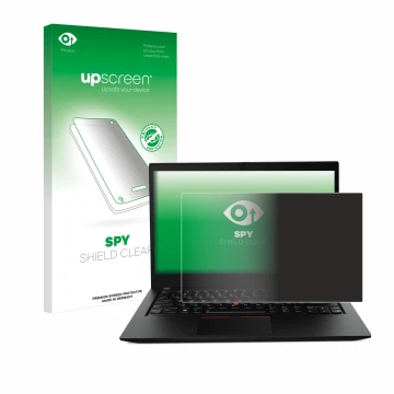 Parte frontal de un envase de producto con el logotipo de la marca upscreen. Al lado se muestra el dispositivo Lenovo ThinkPad