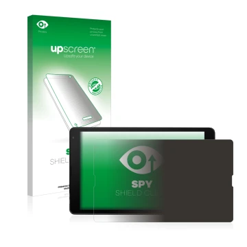 Parte frontal de un envase de producto con el logotipo de la marca upscreen. Al lado se muestra el dispositivo MEDION Lifetab 