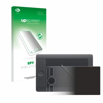 Parte frontal de un envase de producto con el logotipo de la marca upscreen. Al lado se muestra el dispositivo Wacom Intuos Pr