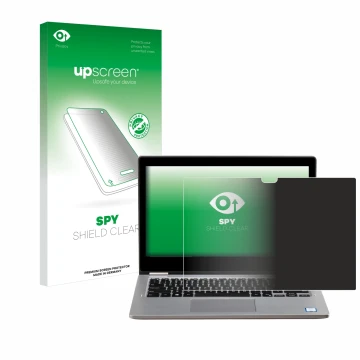 Parte frontal de un envase de producto con el logotipo de la marca upscreen. Al lado se muestra el dispositivo Dell Latitude 3