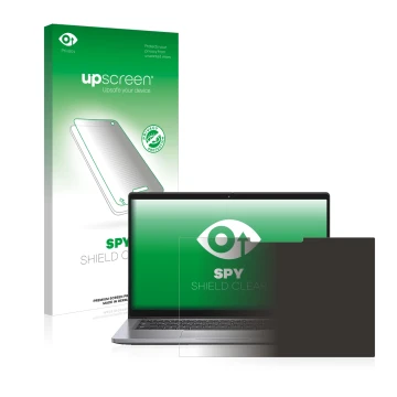 Parte frontal de un envase de producto con el logotipo de la marca upscreen. Al lado se muestra el dispositivo Dell Latitude 7