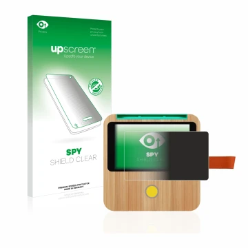 Parte frontal de un envase de producto con el logotipo de la marca upscreen. Al lado se muestra el dispositivo tigerbox Touch 