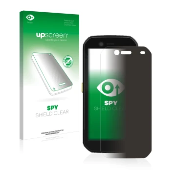 Parte frontal de un envase de producto con el logotipo de la marca upscreen. Al lado se muestra el dispositivo Caterpillar Cat