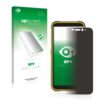 Parte frontal de un envase de producto con el logotipo de la marca upscreen. Al lado se muestra el dispositivo Ulefone Armor X