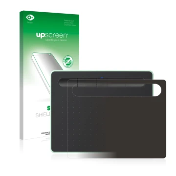 Parte frontal de un envase de producto con el logotipo de la marca upscreen. Al lado se muestra el dispositivo Wacom Intuos S 