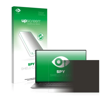 Parte frontal de un envase de producto con el logotipo de la marca upscreen. Al lado se muestra el dispositivo Dell XPS 15 950