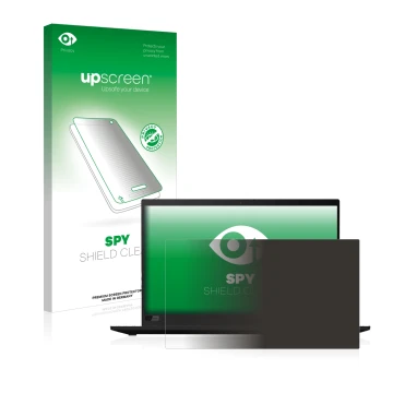 Parte frontal de un envase de producto con el logotipo de la marca upscreen. Al lado se muestra el dispositivo Lenovo ThinkPad