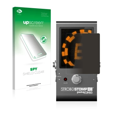 Parte frontal de un envase de producto con el logotipo de la marca upscreen. Al lado se muestra el dispositivo Peterson Strobo