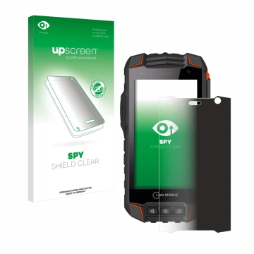 Parte frontal de un envase de producto con el logotipo de la marca upscreen. Al lado se muestra el dispositivo i.safe MOBILE I