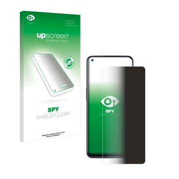Parte frontal de un envase de producto con el logotipo de la marca upscreen. Al lado se muestra el dispositivo OnePlus Nord N1
