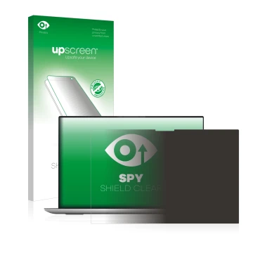 Parte frontal de un envase de producto con el logotipo de la marca upscreen. Al lado se muestra el dispositivo Dell XPS 17 970