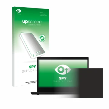 Parte frontal de un envase de producto con el logotipo de la marca upscreen. Al lado se muestra el dispositivo Lenovo ThinkPad