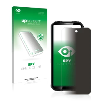 Parte frontal de un envase de producto con el logotipo de la marca upscreen. Al lado se muestra el dispositivo Oukitel WP10 5G