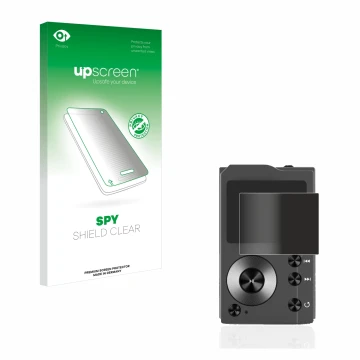 Parte frontal de un envase de producto con el logotipo de la marca upscreen. Al lado se muestra el dispositivo Surfans F20 con
