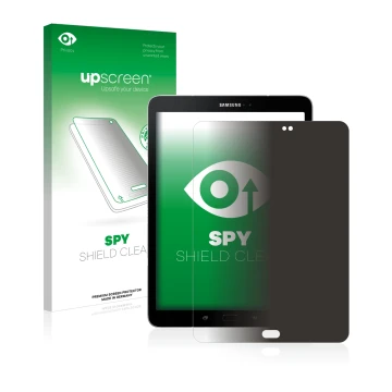 Parte frontal de un envase de producto con el logotipo de la marca upscreen. Al lado se muestra el dispositivo Samsung Galaxy 