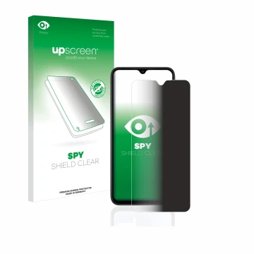 Parte frontal de un envase de producto con el logotipo de la marca upscreen. Al lado se muestra el dispositivo Xiaomi Redmi 9A