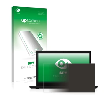 Parte frontal de un envase de producto con el logotipo de la marca upscreen. Al lado se muestra el dispositivo Lenovo ThinkPad