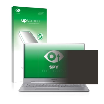 Parte frontal de un envase de producto con el logotipo de la marca upscreen. Al lado se muestra el dispositivo MEDION Akoya S1