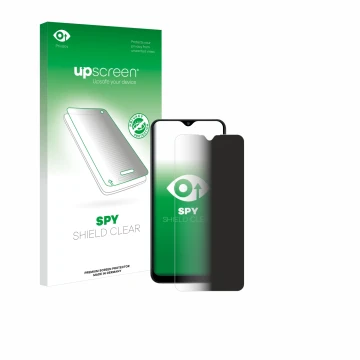 Parte frontal de un envase de producto con el logotipo de la marca upscreen. Al lado se muestra el dispositivo Samsung Galaxy 